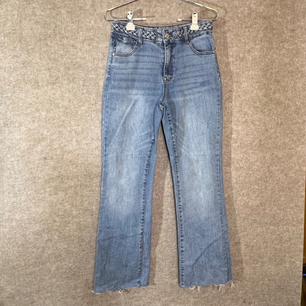 OAT New York Jeans Womens 28 Blue Braided Waist Raw Hem Flare Boho Chic